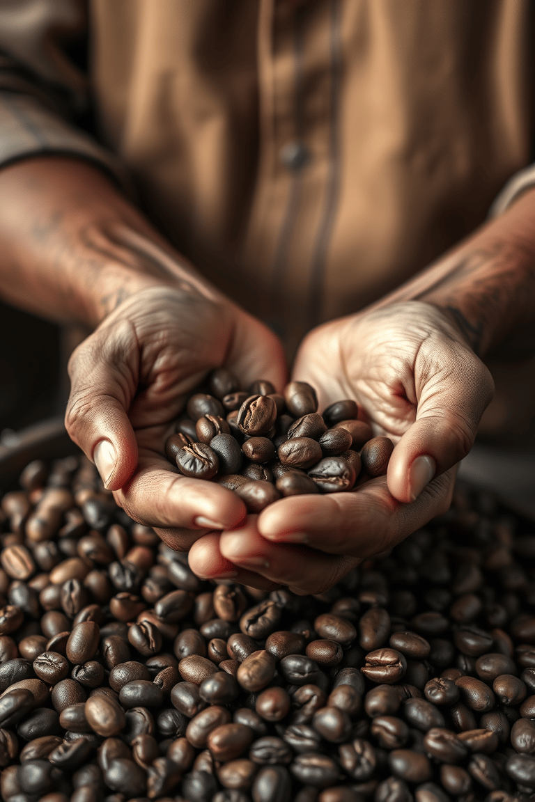 Artisan hands examining coffee beans