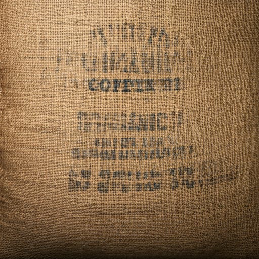 Detail of a burlap coffee sack with organic certification labels and handwritten origin details