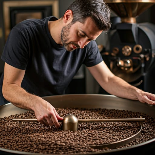 A master roaster checking the color and aroma of freshly roasted beans in a sampling tray