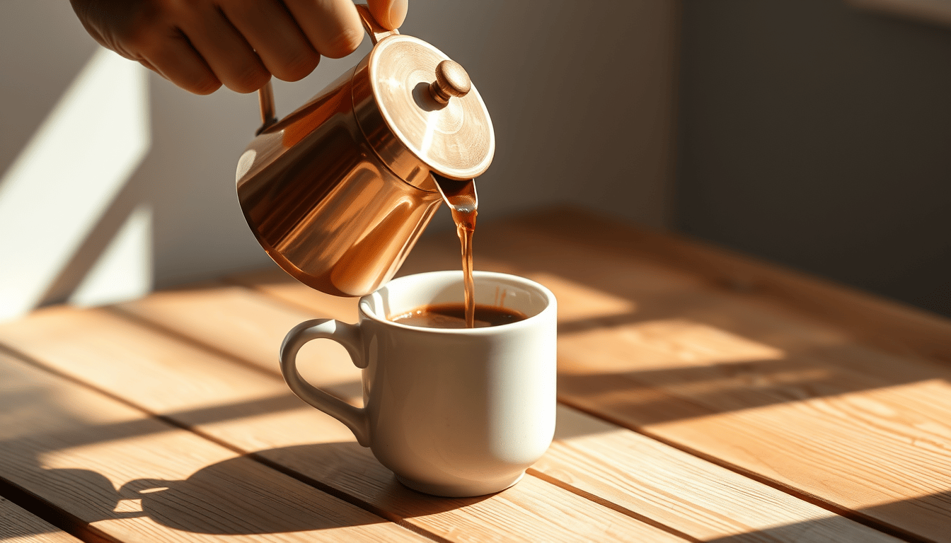 Coffee being poured into ceramic mug