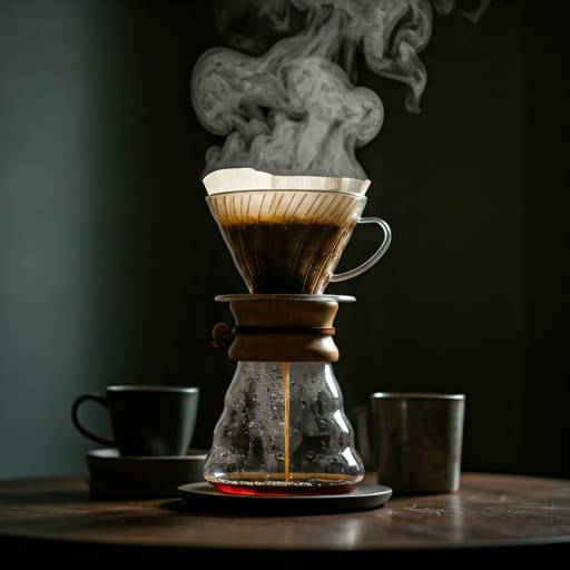 Steam rising from a pour-over brew in a quiet, moody setting